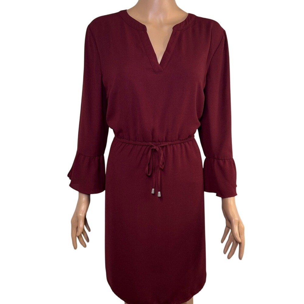Maurice's Maroon V-neck Tie Waist Bell Sleeve Midi Dress Size Medium